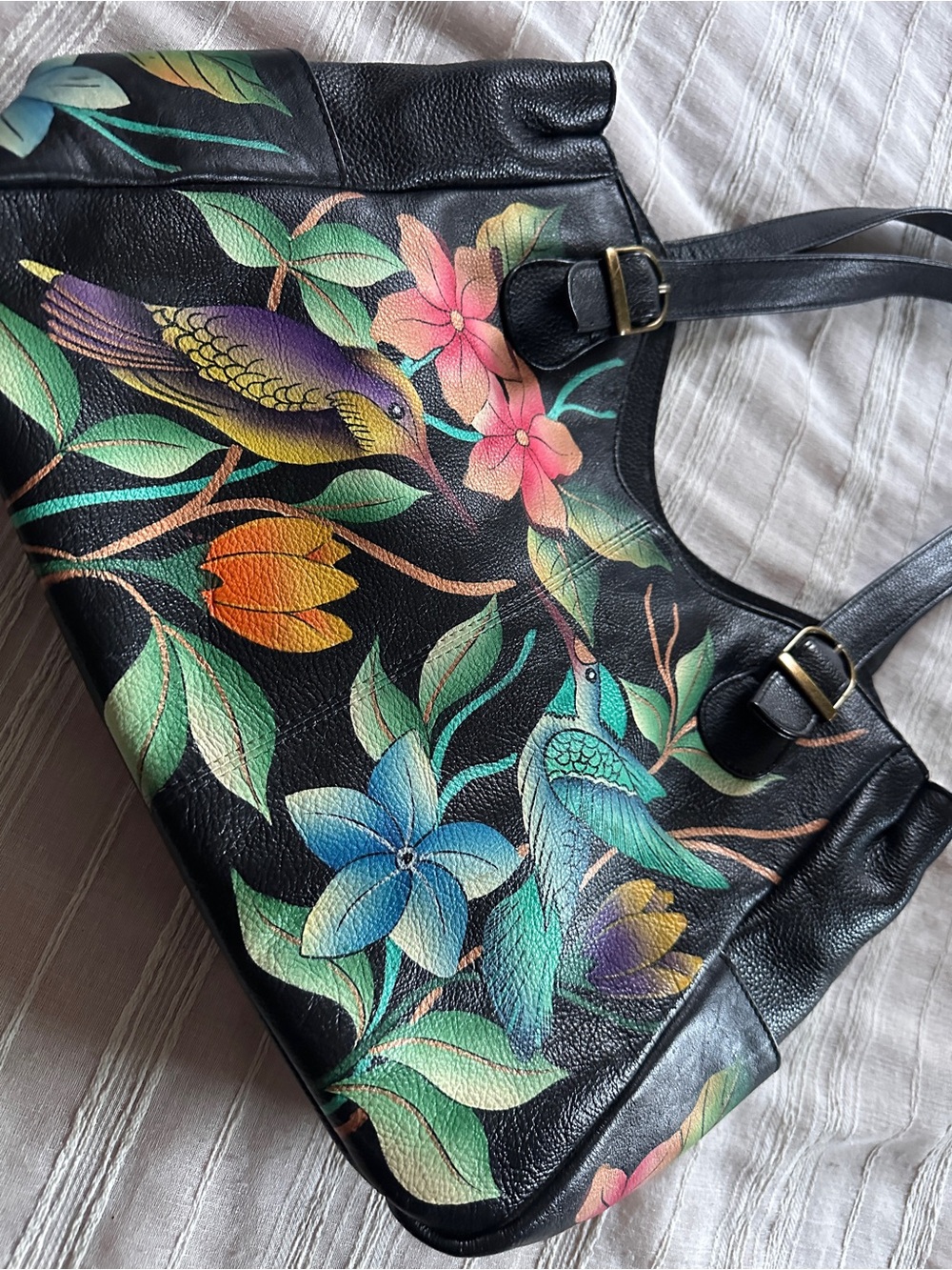 Anna by Anuschka Hand Painted Leather Shoulder Bag | Birds in Paradise Black - Picture 12 of 16